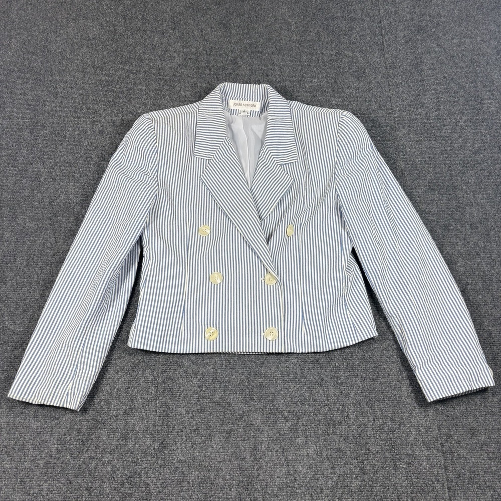 VINTAGE Jones New York Blazer Women's 8 Blue White Seersucker Classic‎ USA MADE